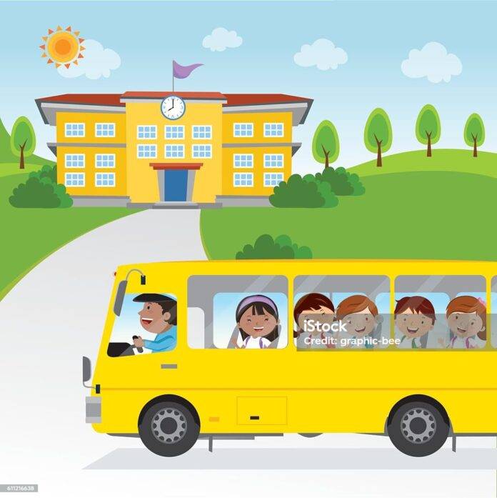 Vector illustration of a school bus driver and happy school kids.