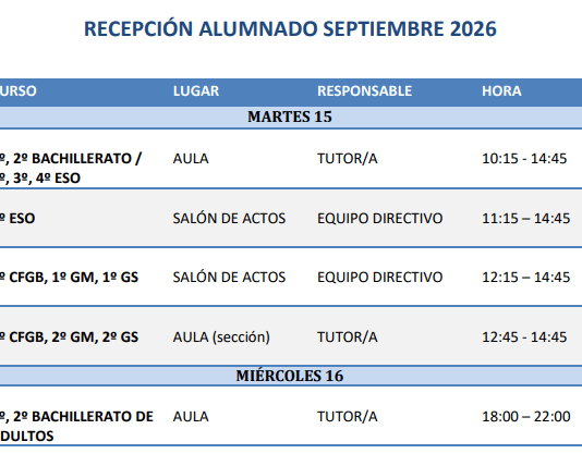 RECEPCIÓN ALUMNADO SEPTIEMBRE 2026